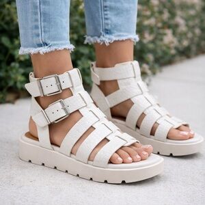 Aldo White Gladiator Platform Chunky Sole, Double Buckle, Croc-Embossed Sandals